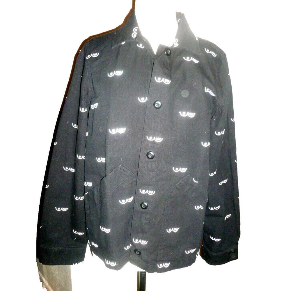 Vans Mens Medium Black‎ Canvas Chore Jacket Embroidered Eye Pattern Button Up